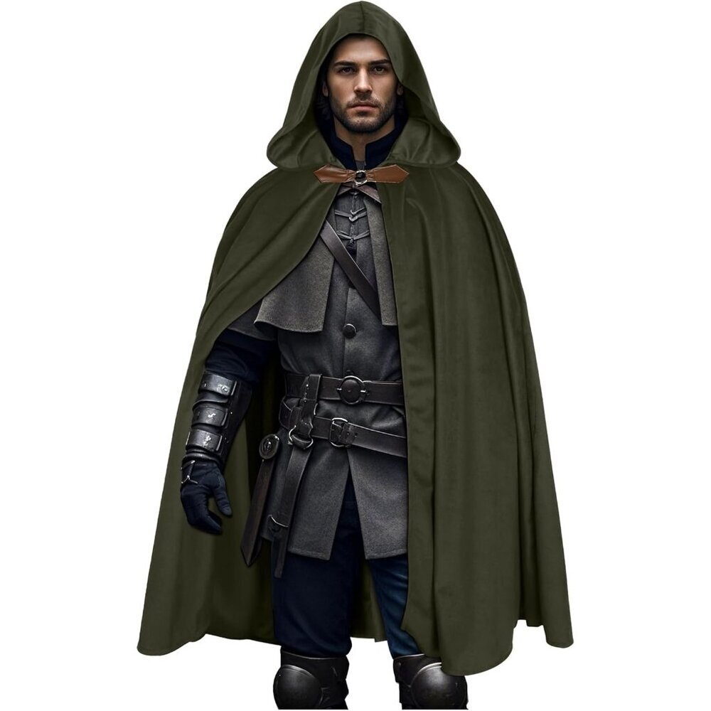 🆕Men Green Medieval Velvet Hooded Cloak Cape Hood Capelet Halloween Costume
